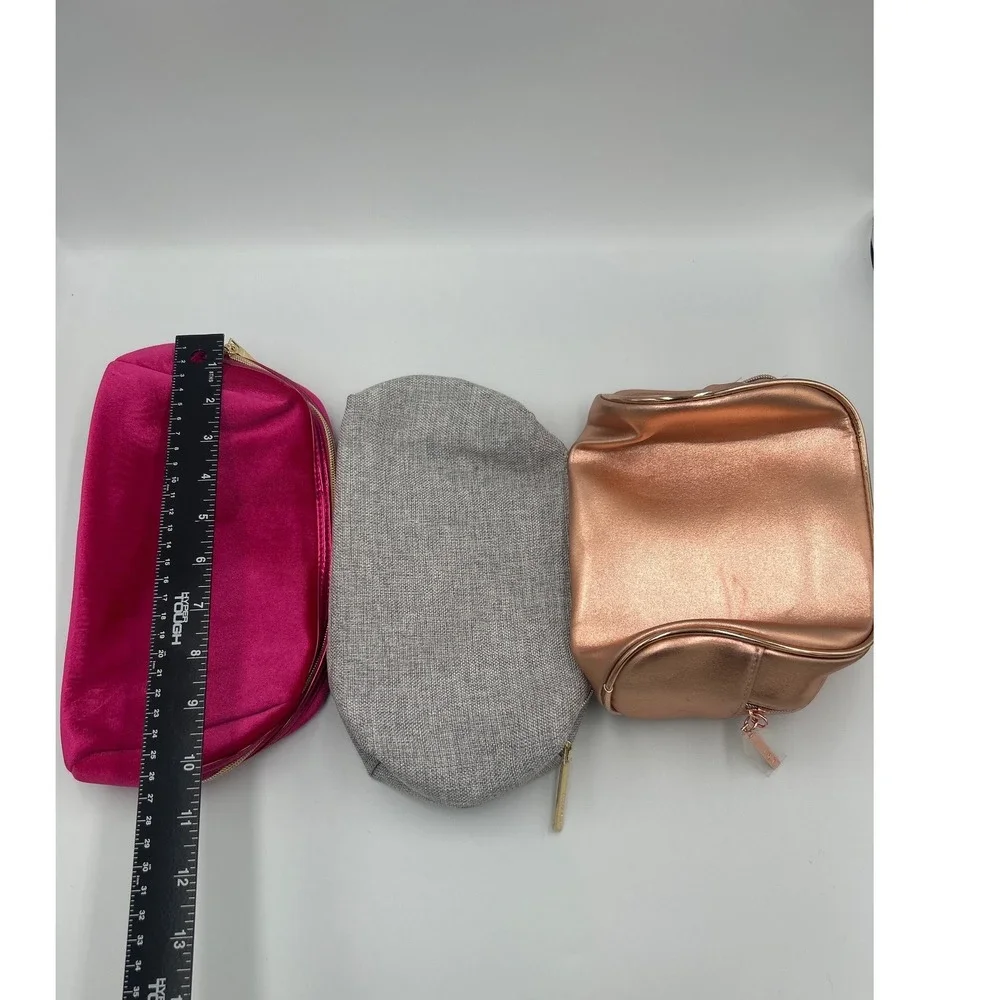 Lancome Makeup Bag Set 3pc Pink Velvet Grey Rose Gold‎ Metallic Cosmetic Pouch